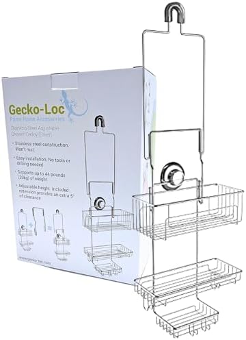 Gecko Loc Extra Long Adjustable Shower Organizer with Deep Shelf - Silver