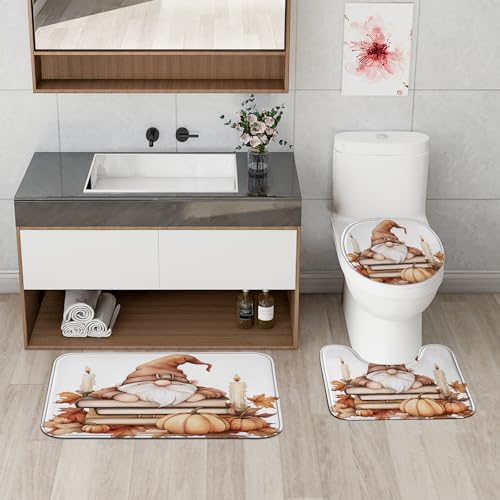 DESIHOM 4PCS Fall Gnome Shower Curtain Set with Non-Slip Rug and Toilet Lid Cover Mat