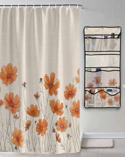 Watercolor Garden Orange Floral Shower Curtain Set with Hooks