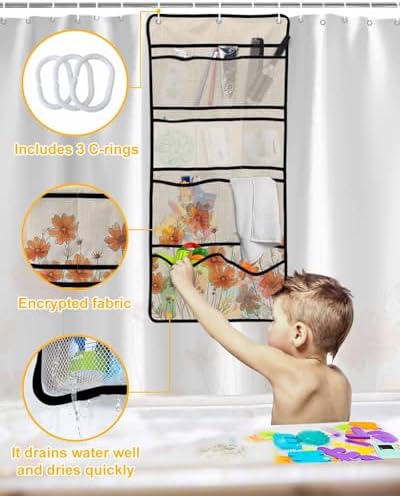 Watercolor Garden Orange Floral Shower Curtain Set with Hooks