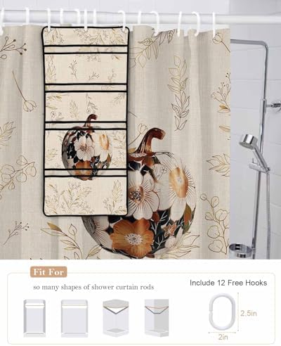 ZFUNCING Vintage Floral Pumpkin Shower Curtain Set with Hooks and Hanging Organizer