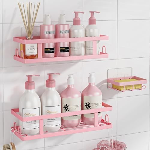 3-Pack Adhesive Shower Caddy with 12 Hooks and Soap Holder Pink