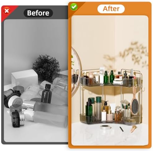 2 Tier Corner Bathroom Organizer with Hooks and Trays Gray