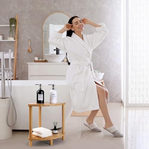 Bamboo Corner Shower Stool with Storage Shelf
