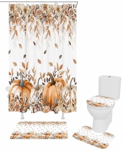 Thanksgiving Pumpkin Shower Curtain Set 4 Pcs Waterproof Fall Decor