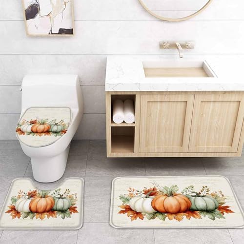 Thanksgiving Green Orange Pumpkin 4 Pc Shower Curtain Set with Non-Slip Rugs