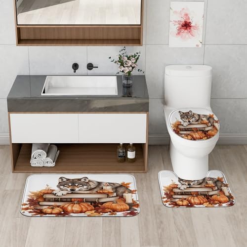 4PCS Fall Wolf Pumpkins Shower Curtain Set with Non-Slip Rug and Toilet Lid Cover Mat
