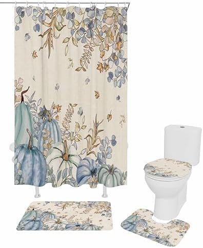 Blue Teal Pumpkins 4 Piece Shower Curtain Set