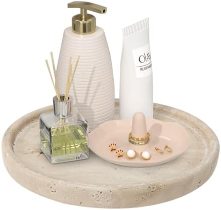 Travertine Tray Round Marble Vanity Tray for Bathroom Decor Small Ceramic Jewelry Holder