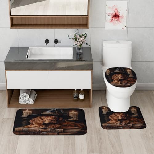 4PCS Halloween Witch Dog Bathroom Set with Non-Slip Rug and U Shape Toilet Cover