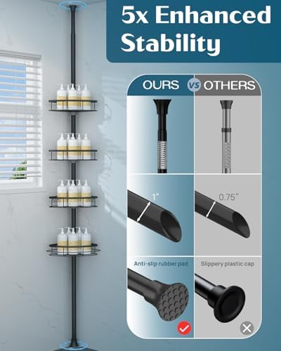 SEIRIONE Corner Shower Caddy Tension Pole 4-Tier Adjustable Rustproof Black