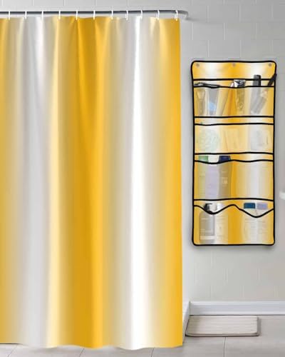 Modern Yellow White Ombre Shower Curtain with 10 Pockets Organizer
