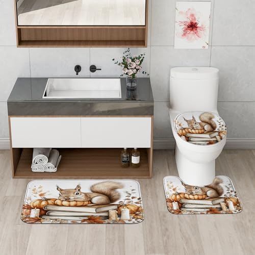 DESIHOM 4PCS Fall Squirrel Shower Curtain Set with Hooks and Bath Mat