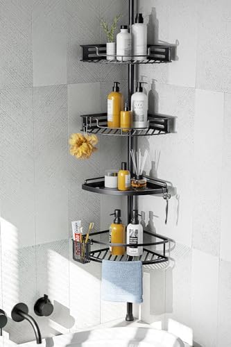 HAMITOR Corner Shower Caddy Tension Pole 4-Tier Black