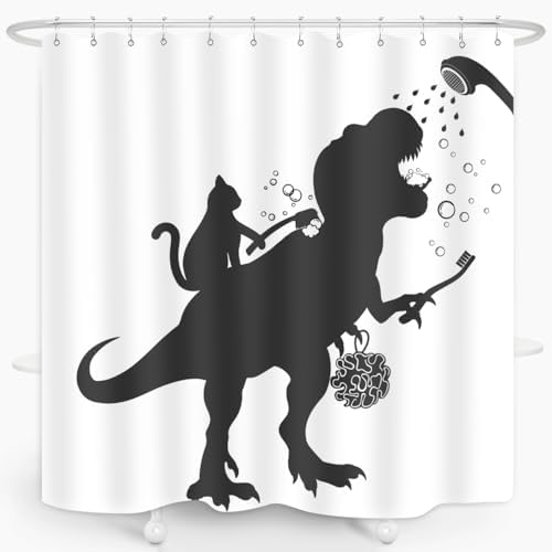 Funny Cat Dinosaur Shower Curtain Set with Hooks
