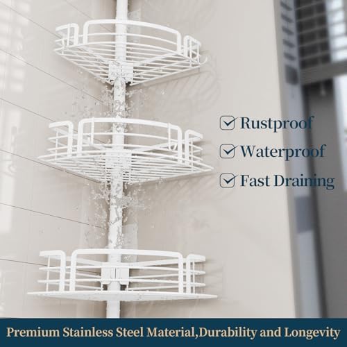 Consumest Corner Shower Caddy Tension Pole - Rustproof With Towel Bar And Soap Holder Adjustable White