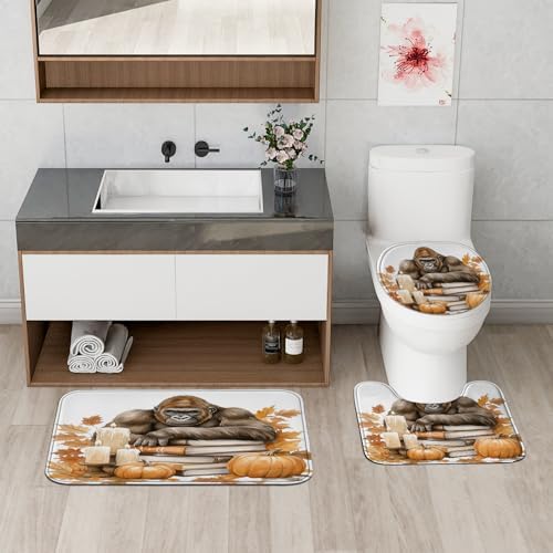 4PCS Fall Chimpanzee Pumpkins Shower Curtain Set with Hooks and Bath Mat