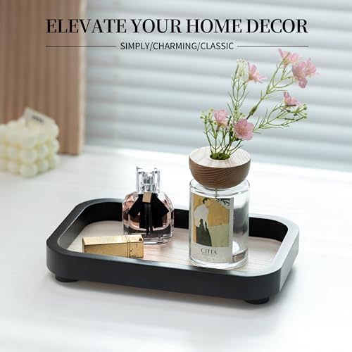 Hanobe Bathroom Vanity Perfume Tray - Black Rectangular Wood Stand Riser for Home Decor