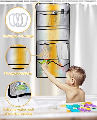Yellow Grey Gradient Shower Curtain with 10 Pockets Organizer Set