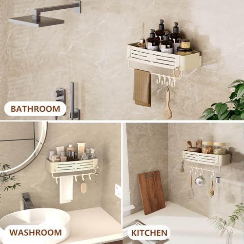Onemake Aluminum Shower Caddy with 6 Hooks and Towel Bar