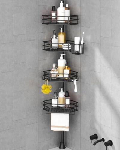 SEIRIONE Corner Shower Caddy Tension Pole with 4-Tier Adjustable Shelf Drill Free Rust-Proof Black