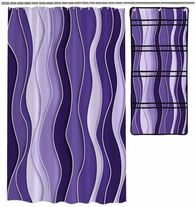 ZFUNCING Abstract Purple Gradient Ocean Waves Shower Curtain Set with Hooks and Organizer