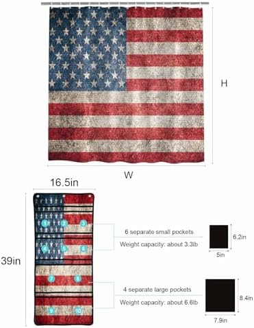 ZFUNCING Vintage Flag Shower Curtain Set with Mesh Organizer and Hooks