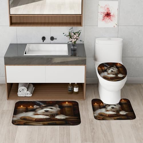 4PCS Halloween Witch Dog Bathroom Set with Non-Slip Rug and U Shape Toilet Lid Cover Mat