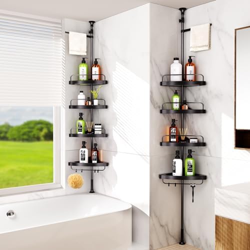 HAMITOR Corner Shower Caddy Tension Pole with 4 Tier Shelves Black