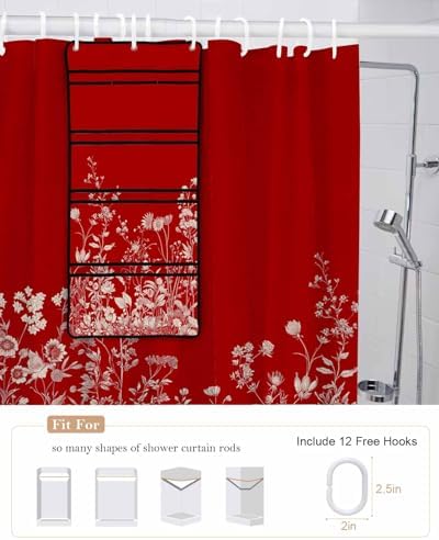 Red Leaf Flower Pattern Shower Curtain with 10 Pockets and Hooks