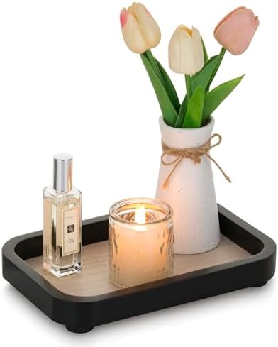 Hanobe Bathroom Vanity Perfume Tray - Black Rectangular Wood Stand Riser for Home Decor