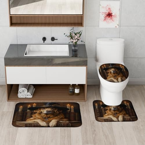 4PCS Halloween Witch Dog Bathroom Set with Non-Slip Rug and U Shape Cover