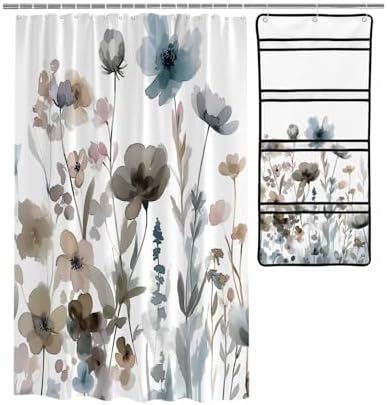 Watercolor Botanical Flower Shower Curtain with 10 Pocket Organizer and Hooks
