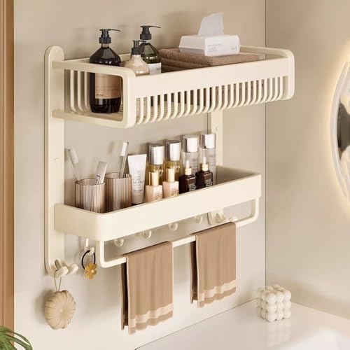 2-Tier Bathroom Shelf With Towel Bar and Hooks Wall Mounted Aluminum Shower Organizer 57CM