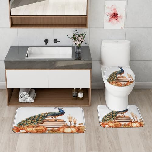 DESIHOM 4PCS Fall Peacock Shower Curtain Set with Hooks Non-Slip Rug U Shape and Toilet Lid Cover Mat
