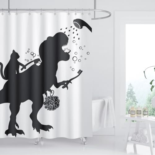 Funny Cat Dinosaur Shower Curtain Set with Hooks