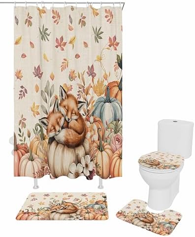 Thanksgiving Watercolor Pumpkin Shower Curtain Set 4PCS Waterproof