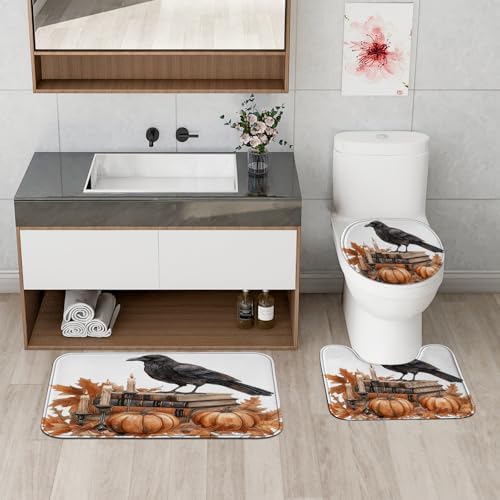 DESIHOM 4PCS Fall Crow Ravens Bird Shower Curtain Set with Non-Slip Rug and Hooks