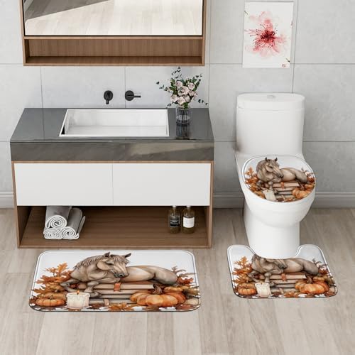 DESIHOM 4PCS Fall Horses Shower Curtain Set 72x72 with Hooks and Non-Slip Rug