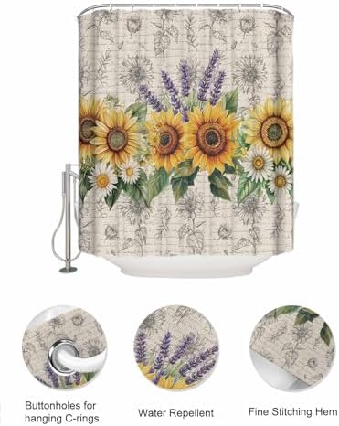 Watercolor Sunflower Lavender Shower Curtain Set with 10 Pockets