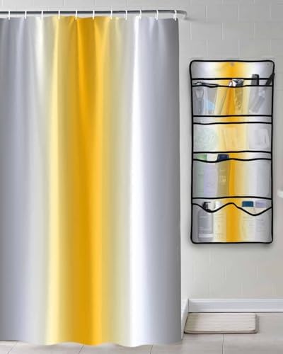 Yellow Grey Gradient Shower Curtain with 10 Pockets Organizer Set