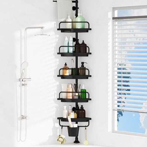 Corner Shower Caddy Tension Pole 5 Tier Black Organizer