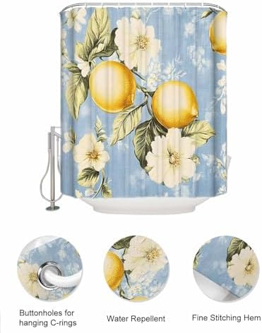 Watercolor Lemon Flower Leaf Shower Curtain Set with 10 Pockets