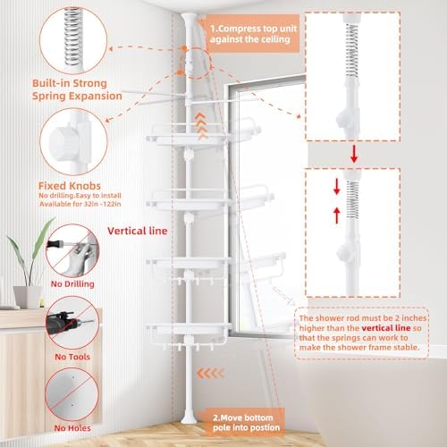XLHOMO 32-122 Inch Corner Shower Caddy with 4 Tier Shelves
