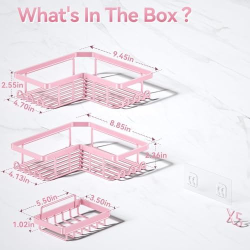 Yasonic Corner Adhesive Shower Caddy 12 Hooks Pink 3-Pack