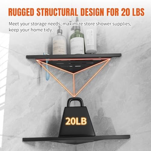 HBXS 10 Inch Black Shower Corner Shelf with Razor Hole 2-Pack