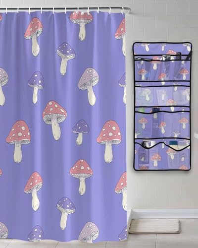 Pink Purple Dot Mushroom Waterproof Shower Curtain with Hooks and Organizer