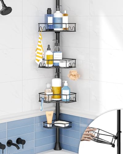 SEIRIONE Corner Shower Caddy Tension Pole 4-Tier Rust-Free Organizer Black