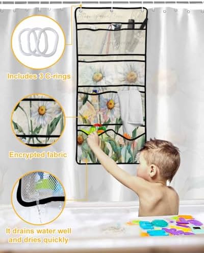 ZFUNCING Flower Pattern Shower Curtain with Organizer Set