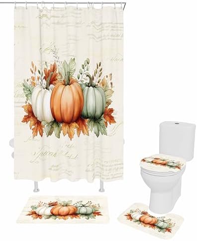 Thanksgiving Green Orange Pumpkin 4 Pc Shower Curtain Set with Non-Slip Rugs